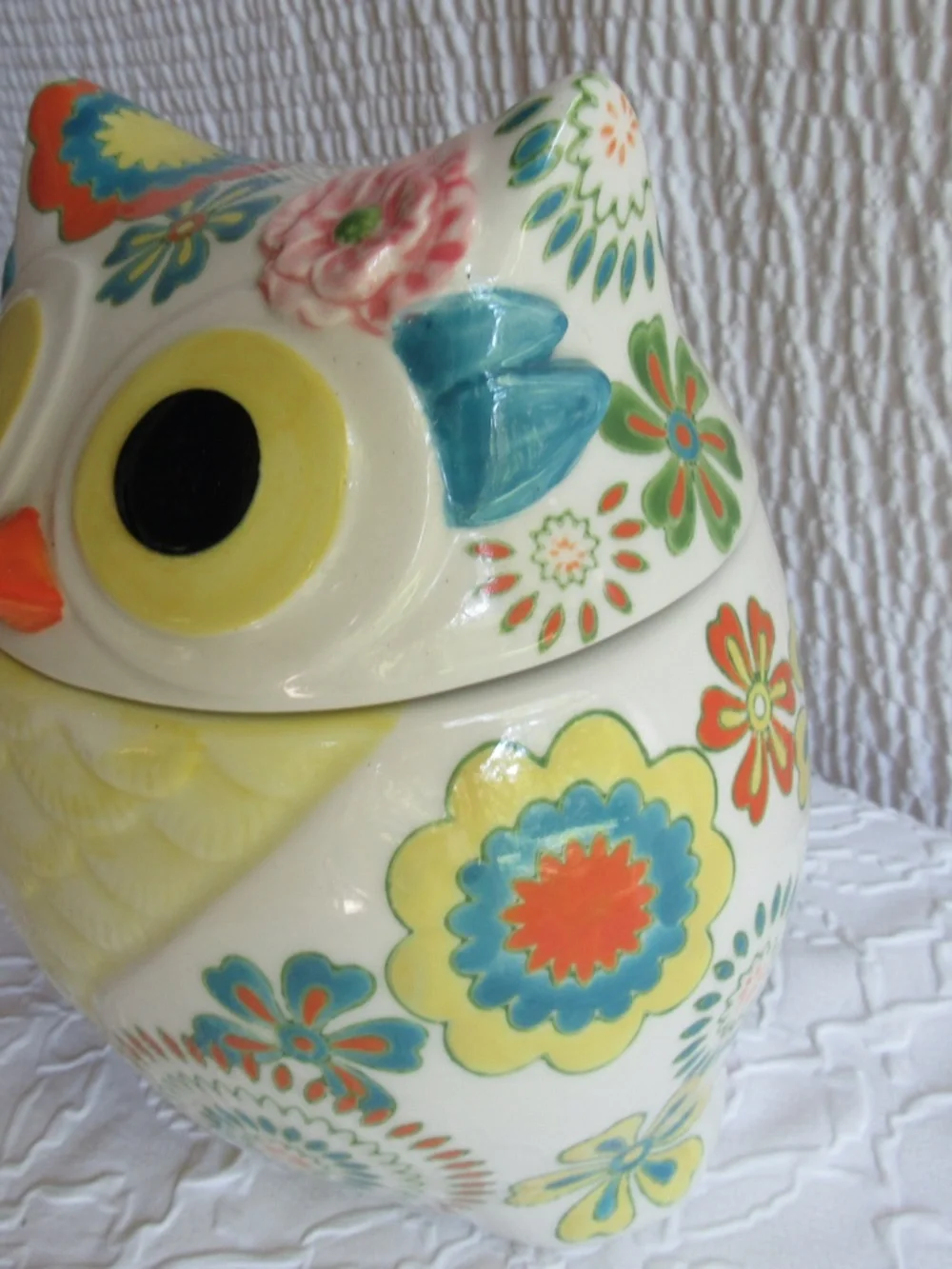 Pier One Owl Cookie Jar Storage Container Hand Painted Stoneware